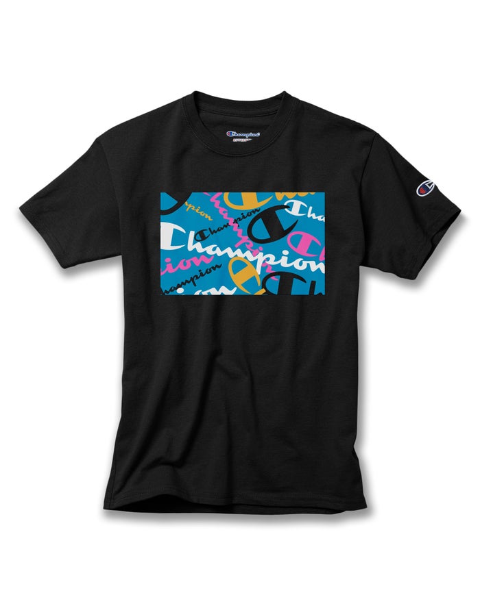 Champion Cotton Scattered Logos Black T-Shirt Boys - South Africa QROAEF413